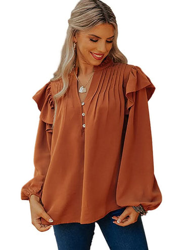 V-neck ruffled button top