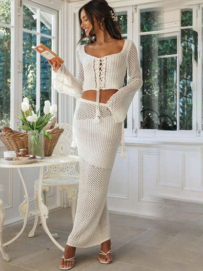 Knitted bohemian maxi skirt set