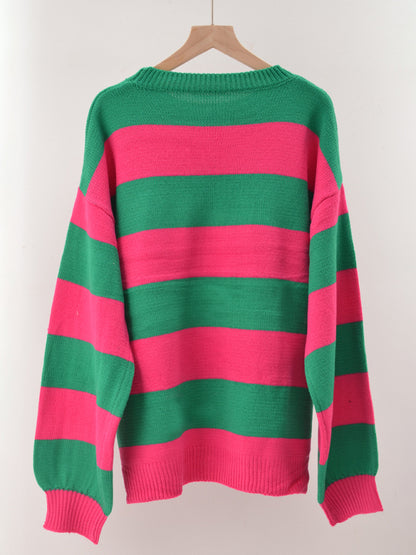 Women's patchwork striped round neck casual knitted sweater