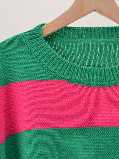 Women's patchwork striped round neck casual knitted sweater