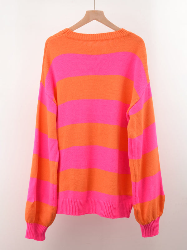 Women's patchwork striped round neck casual knitted sweater