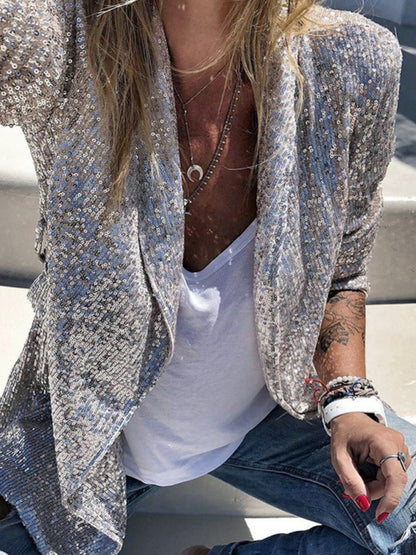 Stylish Women's Sequined Long-Sleeved Mid-Length Lapel Blazer
