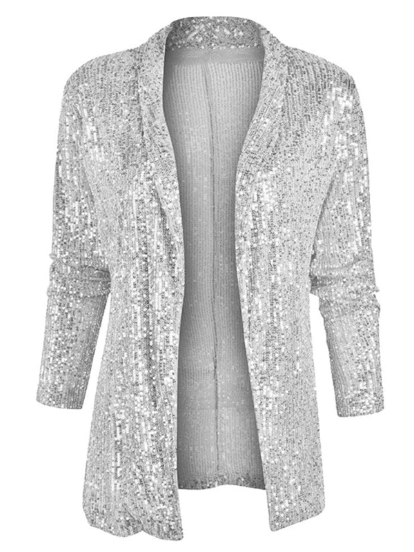 Stylish Women's Sequined Long-Sleeved Mid-Length Lapel Blazer