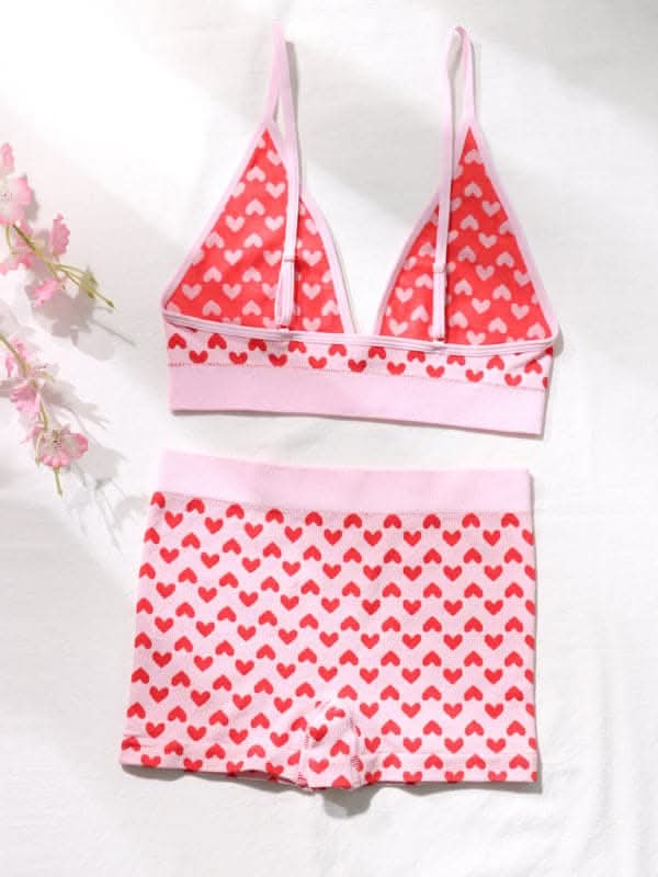 Women's New Valentine's Day Red Love Underwear Wireless Bra and Boxer Briefs Set.