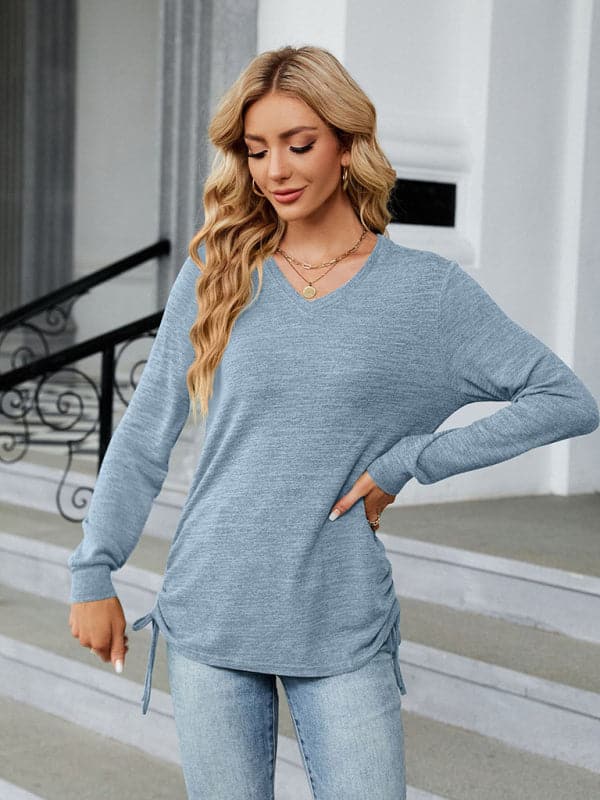 V-neck smocked long sleeve top