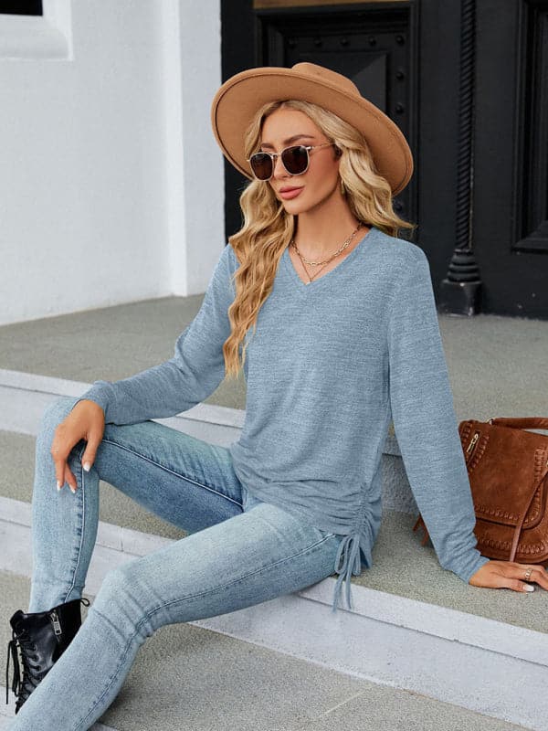 V-neck smocked long sleeve top