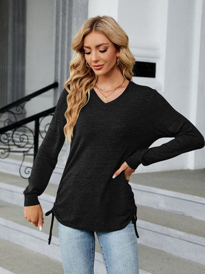 V-neck smocked long sleeve top