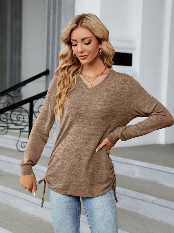 V-neck smocked long sleeve top