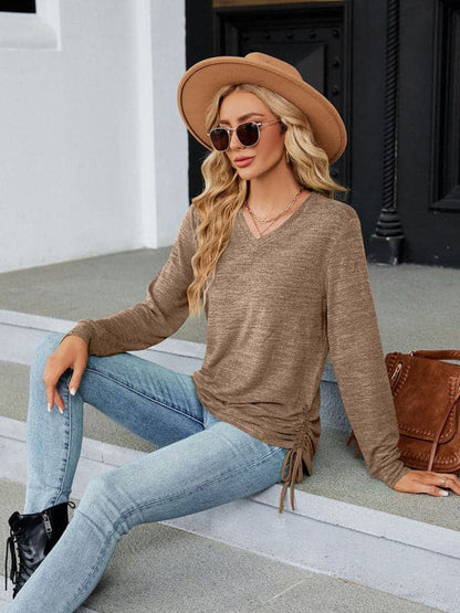 V-neck smocked long sleeve top