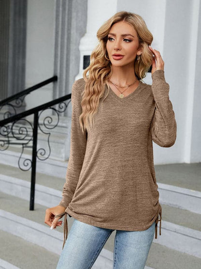 V-neck smocked long sleeve top