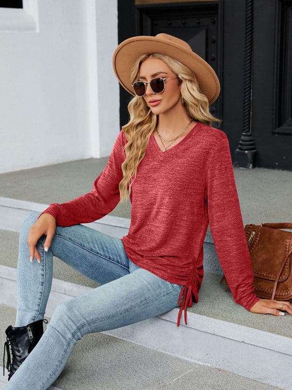 V-neck smocked long sleeve top