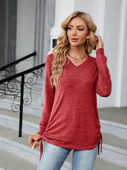 V-neck smocked long sleeve top