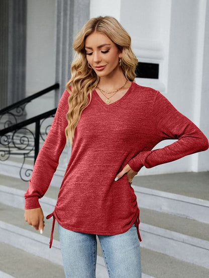 V-neck smocked long sleeve top