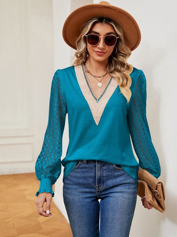 V-neck lace patchwork top