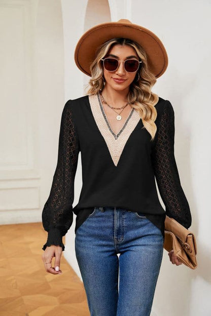 V-neck lace patchwork top