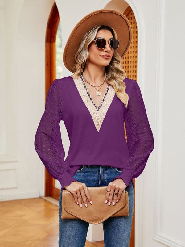 V-neck lace patchwork top