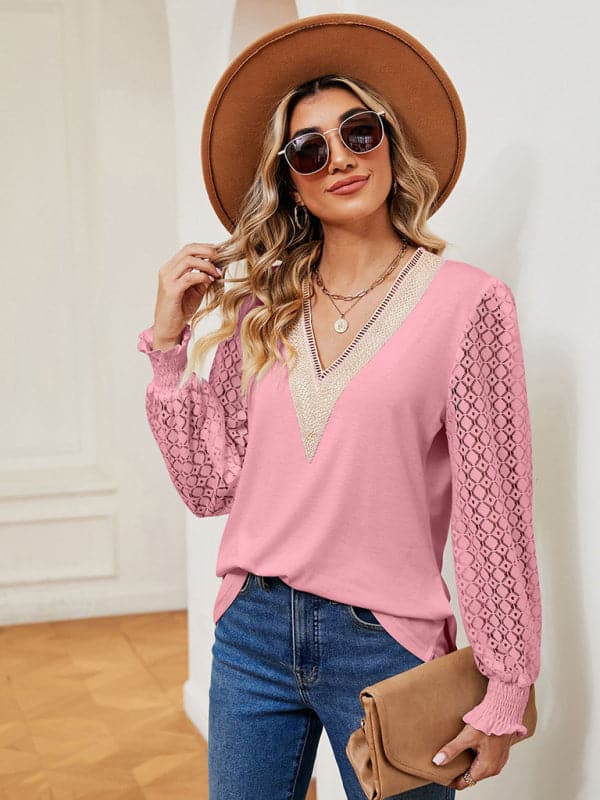 V-neck lace patchwork top