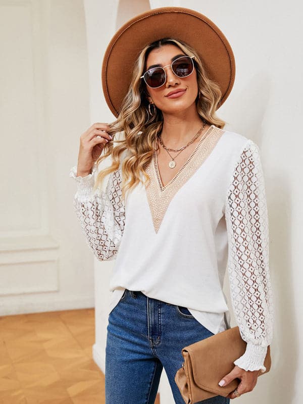 V-neck lace patchwork top