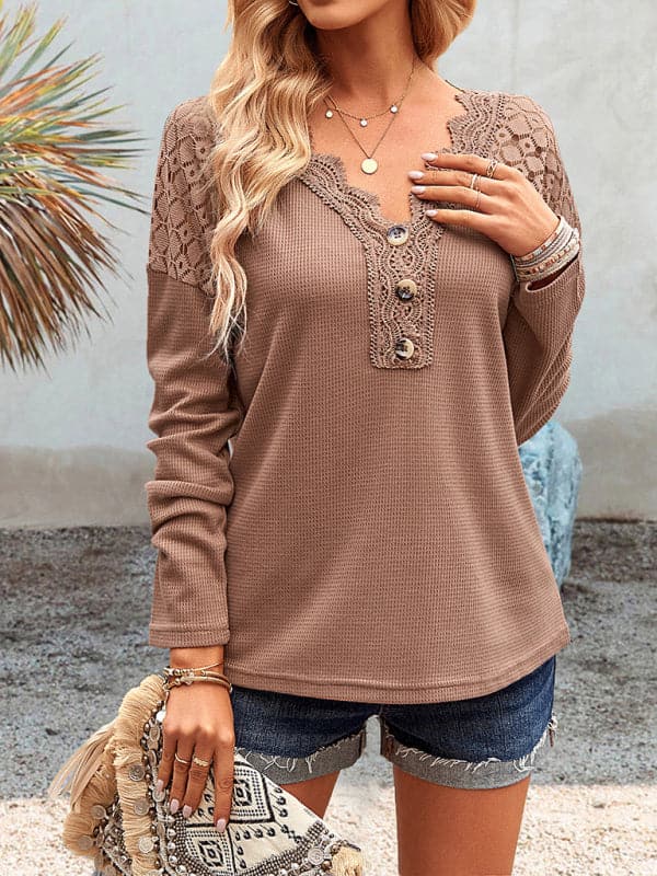 Lace V-neck knit top for women