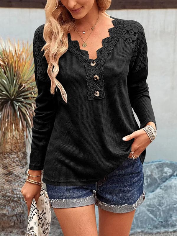 Lace V-neck knit top for women