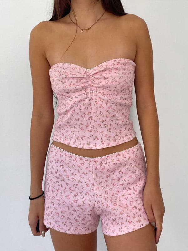 Floral stretch tube top & lace shorts set