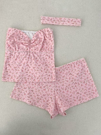 Floral stretch tube top & lace shorts set