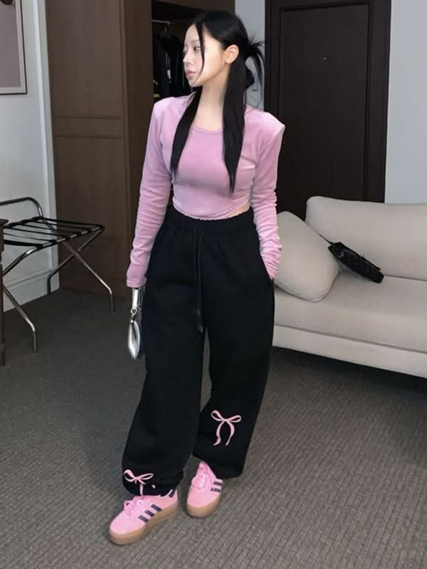 Velvet Bow Print Thickened Sweatpants for Women