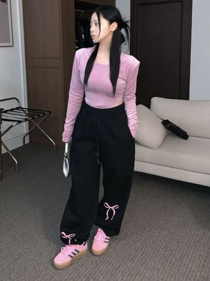 Velvet Bow Print Thickened Sweatpants for Women