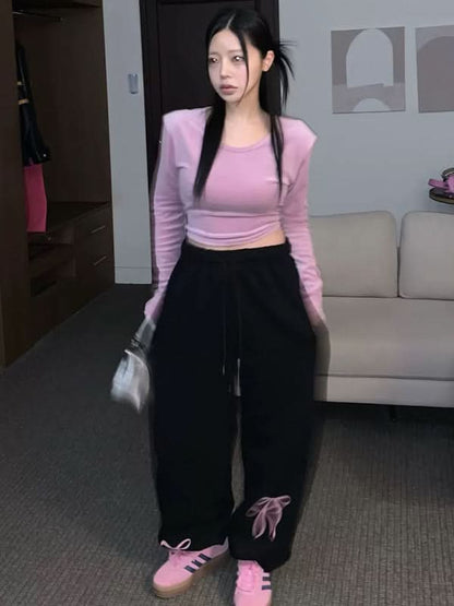Velvet Bow Print Thickened Sweatpants for Women