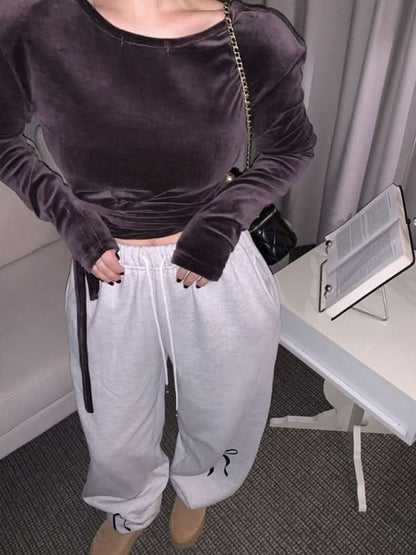 Velvet Bow Print Thickened Sweatpants for Women