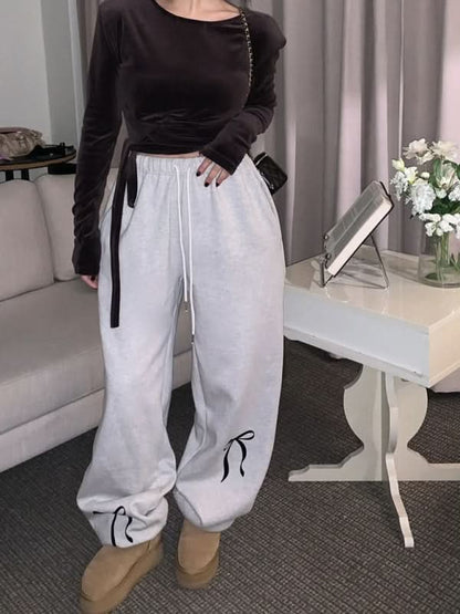 Velvet Bow Print Thickened Sweatpants for Women