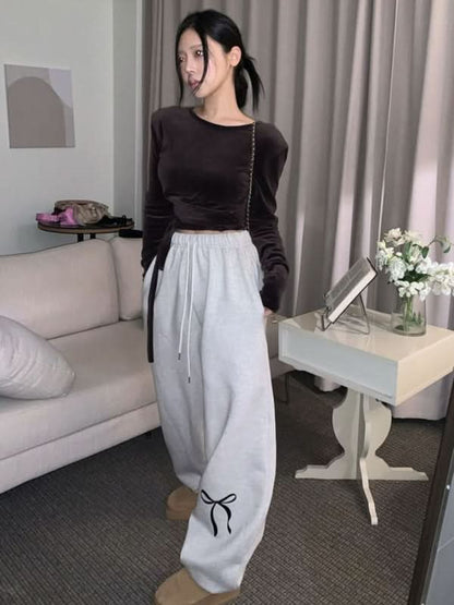 Velvet Bow Print Thickened Sweatpants for Women