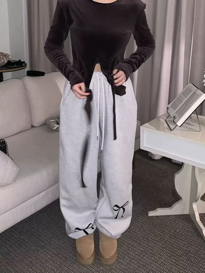 Velvet Bow Print Thickened Sweatpants for Women