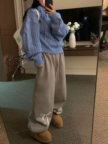 Velvet Bow Print Thickened Sweatpants for Women
