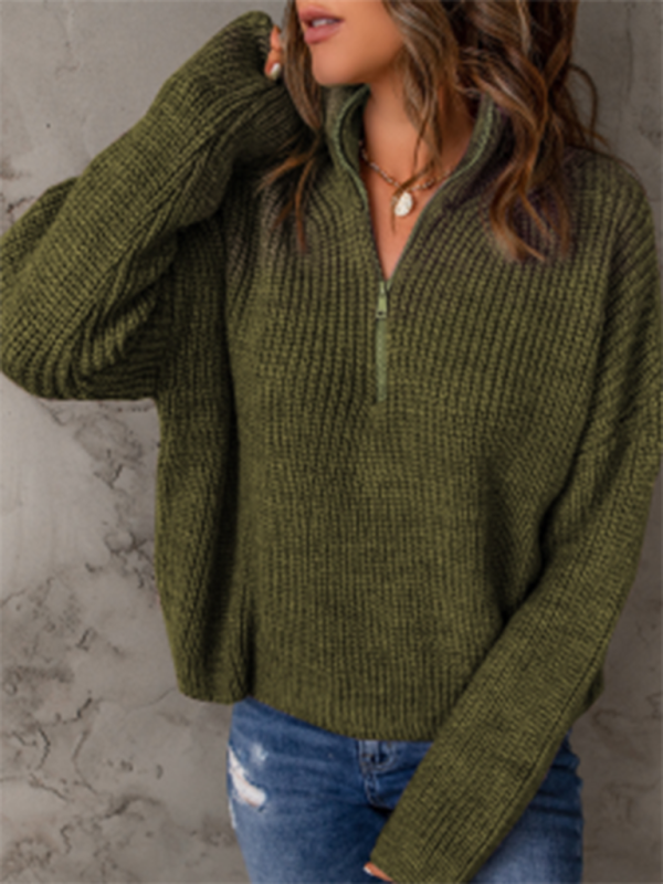 Women's zippered loose turtleneck long sleeve pullover sweater.