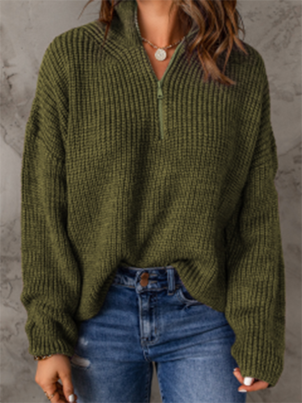 Women's zippered loose turtleneck long sleeve pullover sweater.