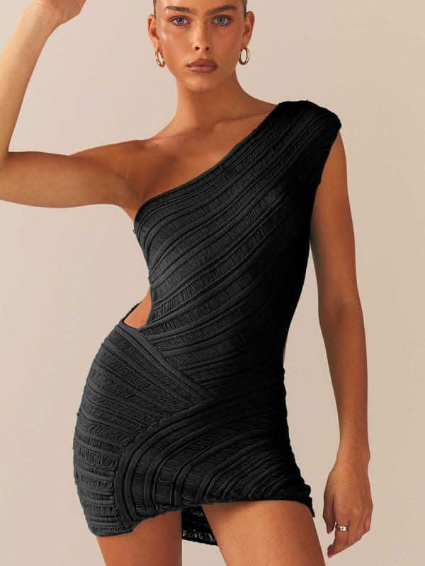 Hollow sexy tight short skirt with hollowed waist and one shoulder patchwork dress.