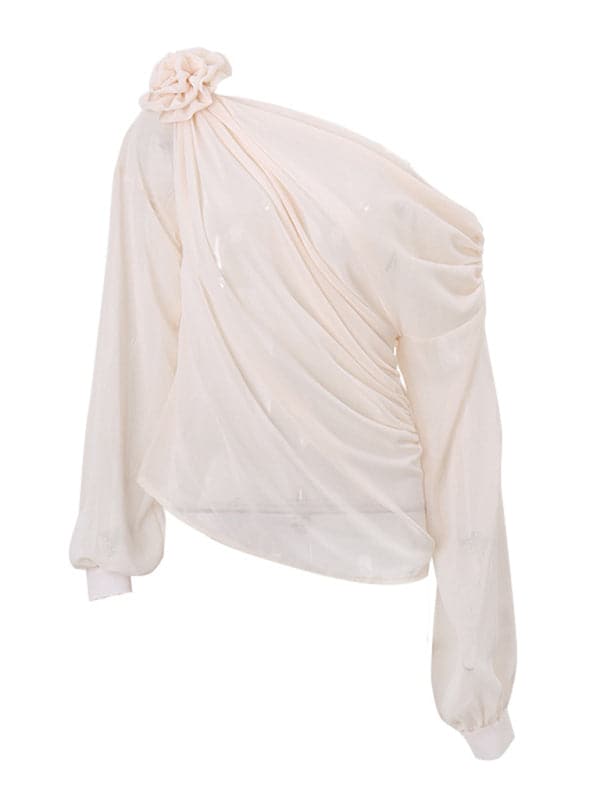 Women's off-shoulder chiffon floral loose top blouse.