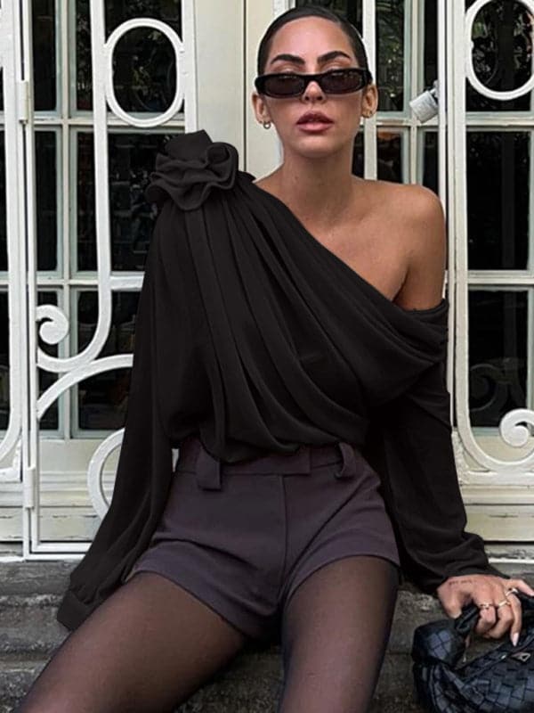 Women's off-shoulder chiffon floral loose top blouse.
