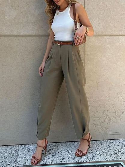 Chic Solid Color Loose High-Waisted Cropped Trousers for Women