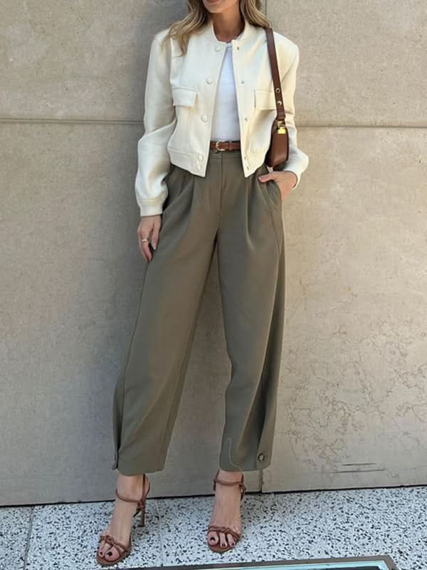 Chic Solid Color Loose High-Waisted Cropped Trousers for Women