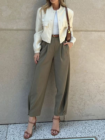 Chic Solid Color Loose High-Waisted Cropped Trousers for Women