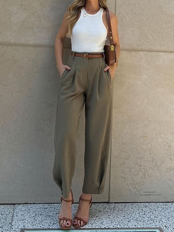 Chic Solid Color Loose High-Waisted Cropped Trousers for Women