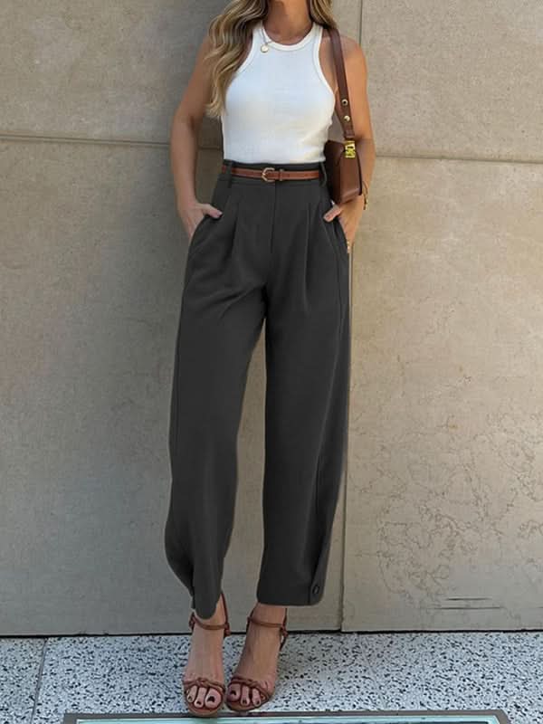 Chic Solid Color Loose High-Waisted Cropped Trousers for Women