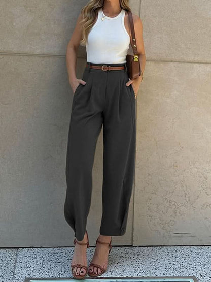 Chic Solid Color Loose High-Waisted Cropped Trousers for Women