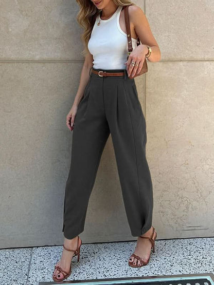Chic Solid Color Loose High-Waisted Cropped Trousers for Women