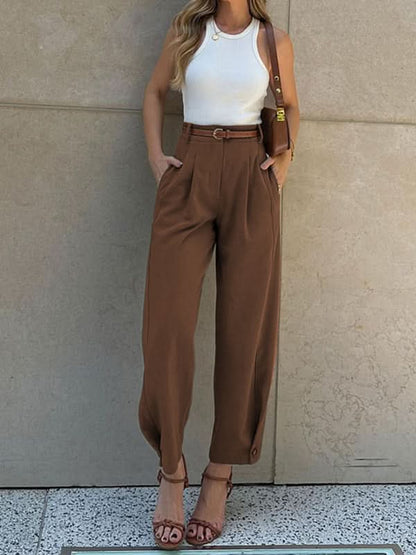 Chic Solid Color Loose High-Waisted Cropped Trousers for Women