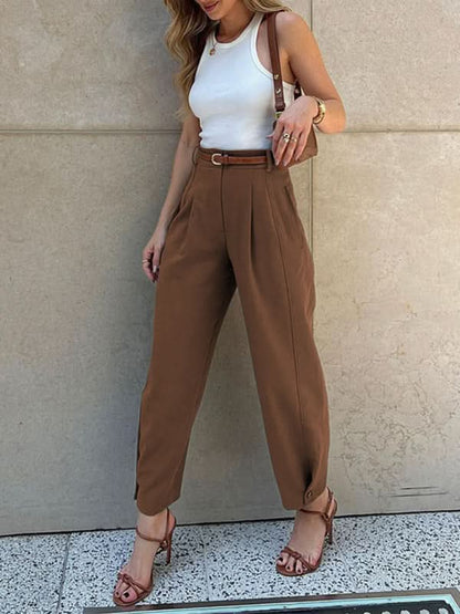 Chic Solid Color Loose High-Waisted Cropped Trousers for Women