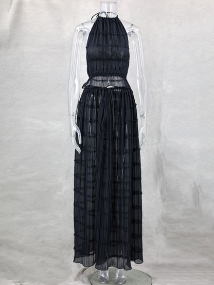 Backless lace-up halter top set and two-piece chiffon pleated long skirt with earrings.