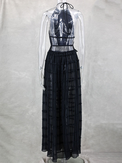 Backless lace-up halter top set and two-piece chiffon pleated long skirt with earrings.